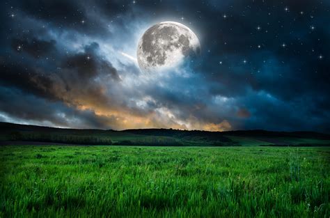 Moon Grass Mood Night Stars Fantasy Dream Nature Landscape