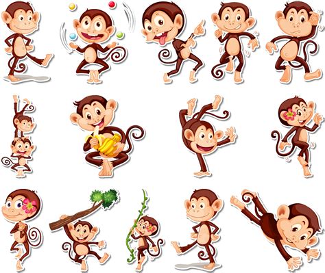 Sticker Set Of Funny Monkey Cartoon Characters 7539855 Vector Art At