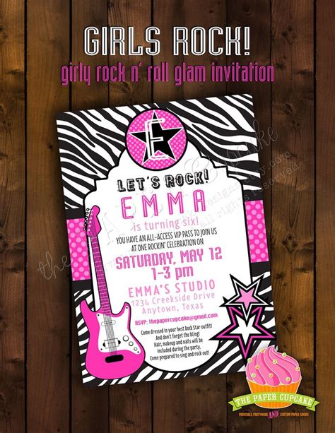 Printable Invitation Design Girls Rock Lets Rock Girly Glam Rock N