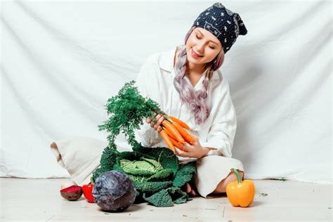Beautiful Caucasian Vegan Woman With Vegetables Stock Photo Image Of