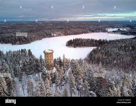 Aerial View Of The Lookout Tower In Winter Landscape At Aulanko Nature