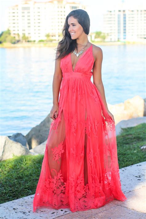 Coral Floral Tulle Maxi Dress With Criss Cross Back Tulle Maxi Dress