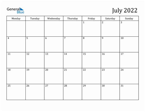 July 2022 Monday Start Calendar Pdf Excel Word