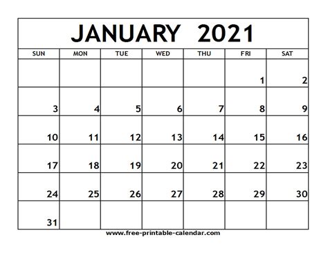 Our classic simple calendar in a nice accent colors. January 2021 Printable Calendar - Free-printable-calendar.com