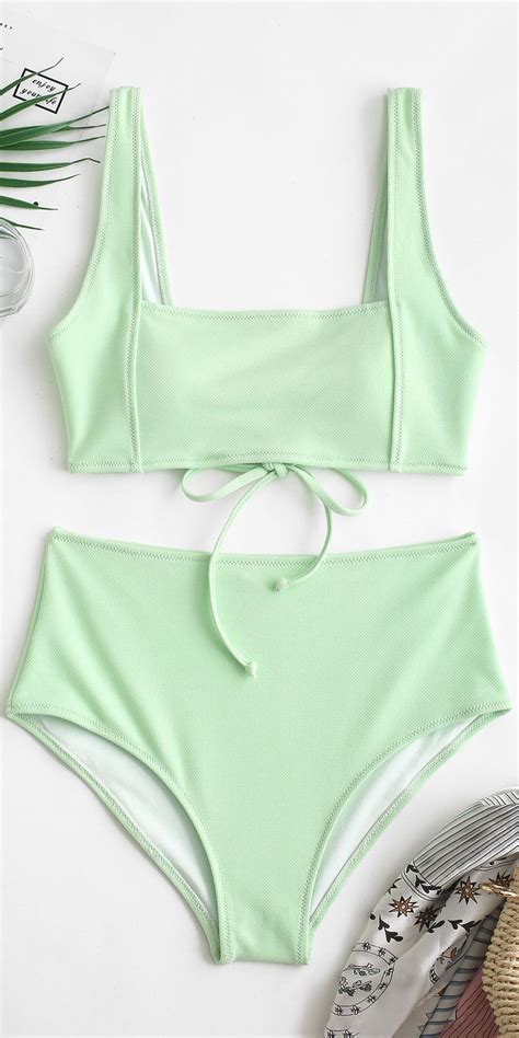 Zaful Mint Green Textured Tie Tank Bikini Set Bathing Suit Swimsuits