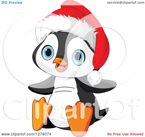 Clipart Of A Cute Christmas Penguin Sitting And Wearing A Santa Hat