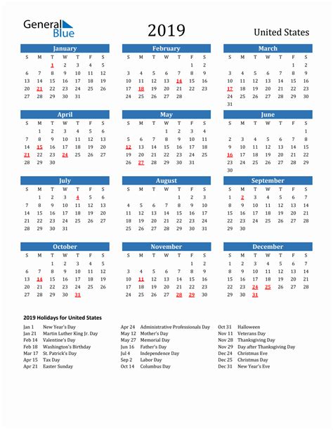 2019 United States Calendar With Holidays