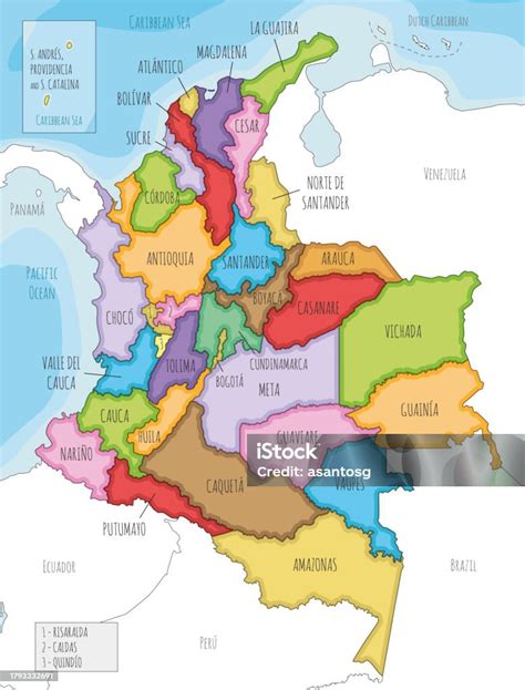 Ilustración De Mapa Ilustrado Vectorial De Colombia Con Departamentos