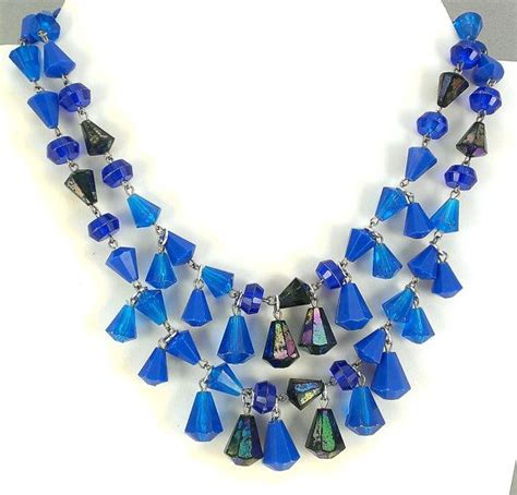 Fringe Bib Necklace Blue Tone Aurora Borealis Beads 40s Art Etsy