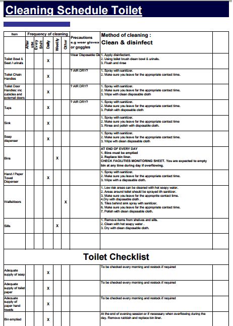 toilet cleaning checklist templates word excel fomats