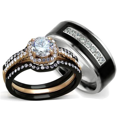 St2020 Artm32128 Hers And His 3 Pc Rose Gold Stainless Steel Wedding Ring