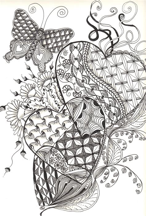 Triple Hearts And Butterfly Zentangle Art Print Love Etsy Heart
