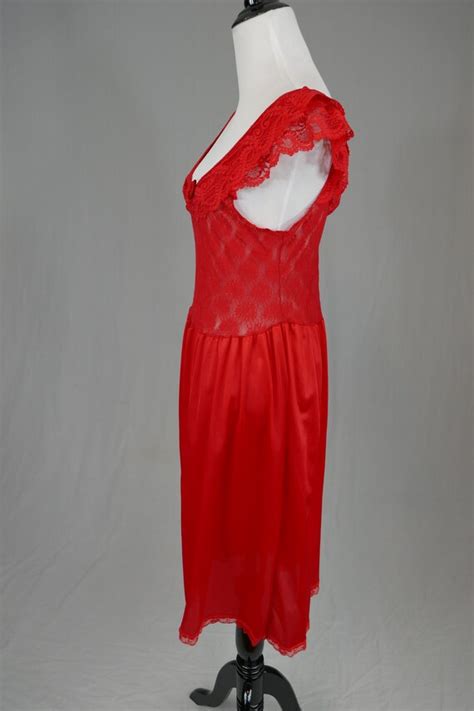 80s Red Nightgown Sexy Sheer See Through Lace Bodic Gem
