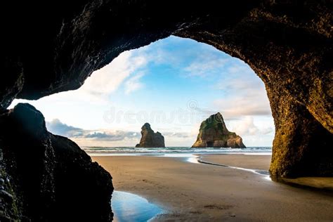 View From The Cave Of The Beautiful Wharariki Beach With Famous Rocks
