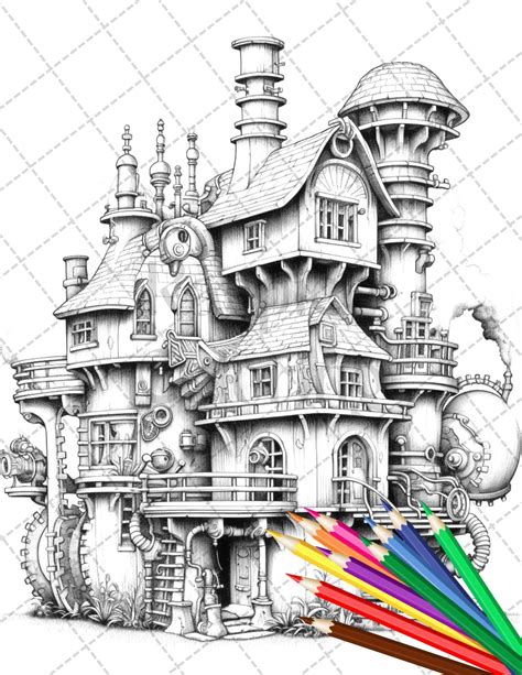 Steampunk Houses Grayscale Coloring Pages Printable For Adults Pdf In Grayscale