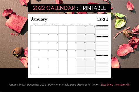 Printable Calendar 2022 For 12 Months Black And White Size
