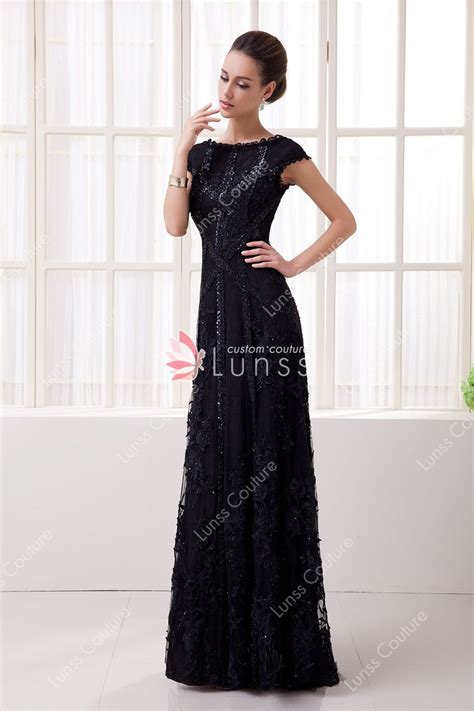 Black Lace Cap Sleeve Sequin Slim A Line Elegant Long