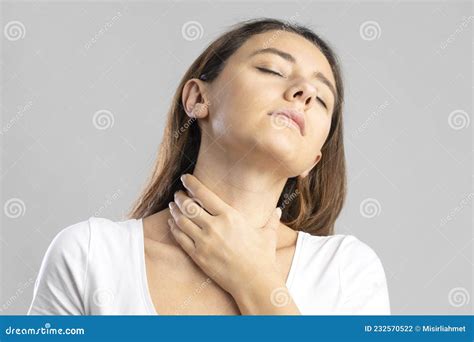 Woman With Throat Ache Woman Touching Her Throat Stock Photo Image