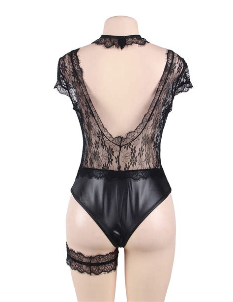 Black Floral Eyelash Lace And Faux Leather Teddy By My Secret Drawer® Au Beautiful Lingerie