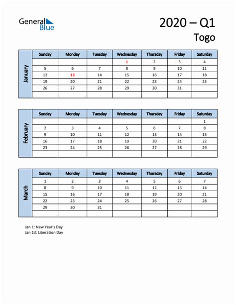 Q1 2020 Quarterly Calendar With Togo Holidays