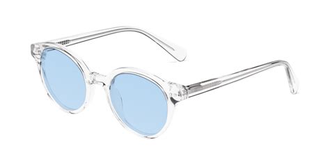 Clear Narrow Horn Rimmed Round Tinted Sunglasses With Light Blue Sunwear Lenses 17277