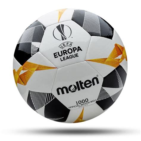 The euro 2020 ball is predominantly white with a garish upper graphic that combines black brush stroke prints with striping in neon blue, yellow and pink. Molten UEFA Europa League Soccer Ball Official Series 1000 Grey