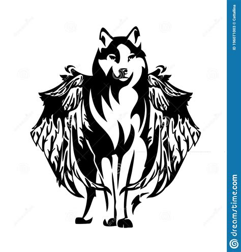 Mythical Winged Wolf And Crescent Moon Black And White Vector Outline
