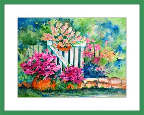 Watercolor Of Garden Flowers And White Picket Fence Martha Etsy