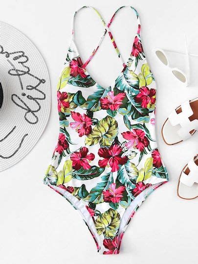 tropical print criss cross back one piece swimsuit in 2020 with images tropical print