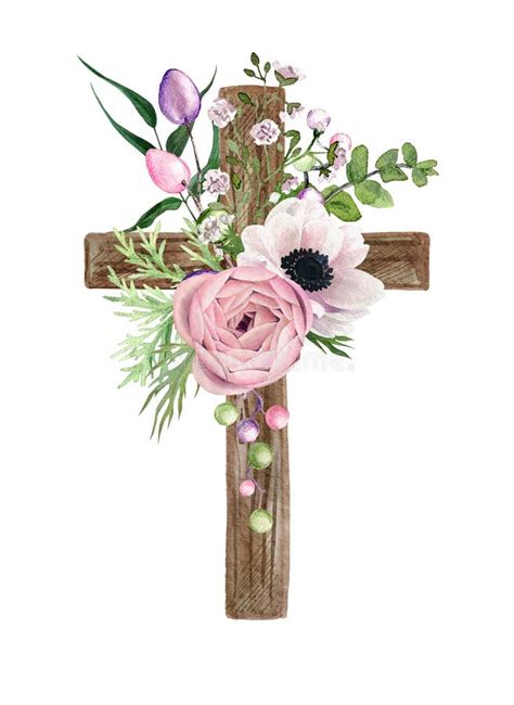 Easter Christian Cross With Anemone Flowers Easter Decoration Stock