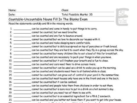 Countable Uncountable Nouns Fill In The Blanks Exam Teaching Resources