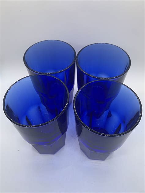 Libbey Crisa Drink Glasses Set Of 4 Cobalt Blue Stackable 8 Panels Tumblers Ebay