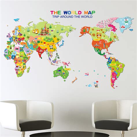 Kids World Map Wall Stickers Home Decor Boys Room Wall Decals