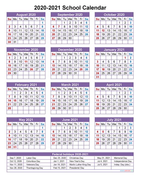 School Calendar 2020 And 2021 Printable Portrait Template Noscl21a6