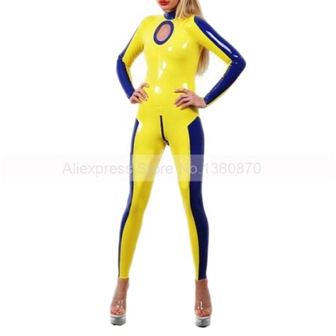 rubber latex sexy bodysuit yellow and blue women tight catsuit zentai club wear handmade s lc231