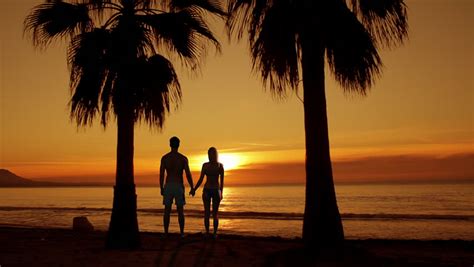 Mature Retired Married Couple Stand Romantically Under A Palm Tree In