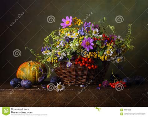 Still Life With Wild Flowers In Basket Stock Image Image Of Bouquet