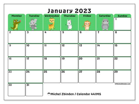 January 2023 Printable Calendar “49ms” Michel Zbinden Za