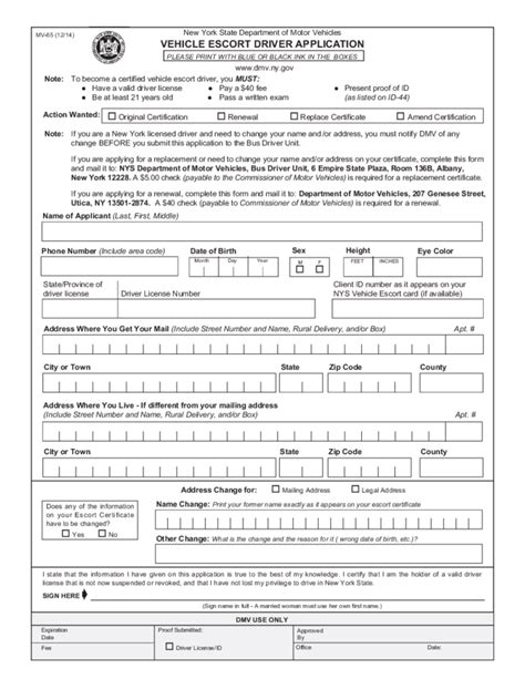 Form Mv 65 Vehicle Escort Driver Application New York Free Download