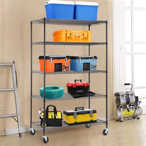 Rolling 5 Tiers Heavy Duty Garage Metal Wire Storage Shelving System