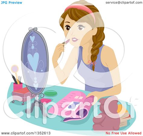 clipart of a brunette caucasian teenage girl putting on makeup royalty free vector