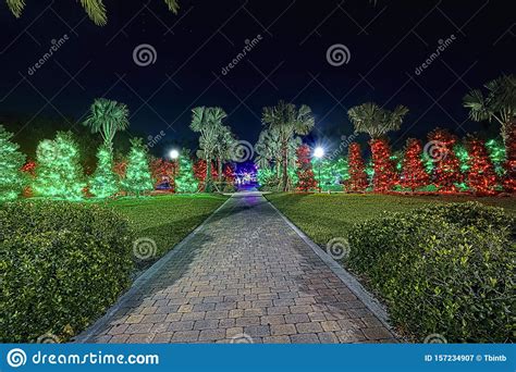 Brick Layered Path In Park Illuminated With Christmas Lights Stock