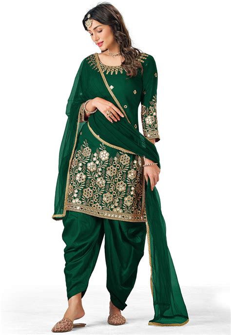 Embroidered Georgette Punjabi Suit In Dark Green Kuf15649
