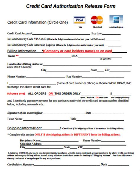 Check out searchinfonow.com to find authorization credit card in your area FREE 6+ Sample Credit Release Forms in MS Word | PDF