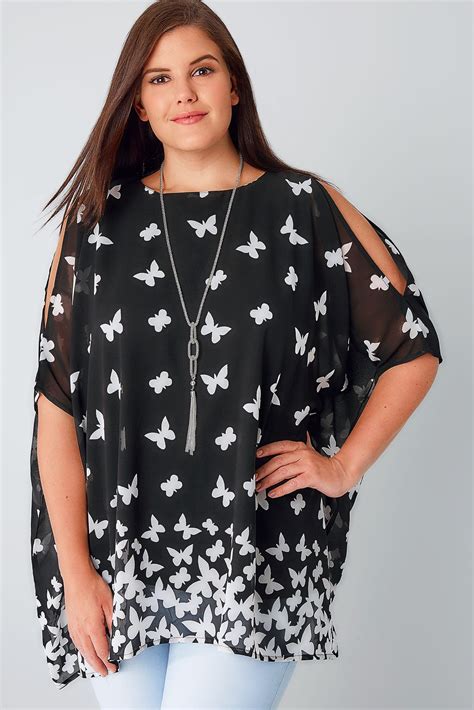 Black And White Butterfly Print Chiffon Cold Shoulder Top With Free