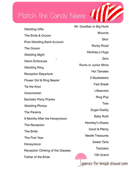 Free Printable Match The Candy Name Bridal Shower Game