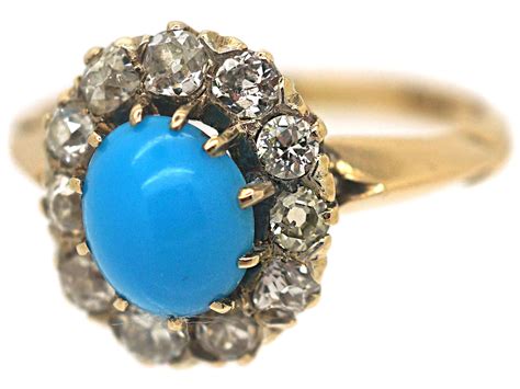 Edwardian 18ct Gold Turquoise Diamond Cluster Ring 217P The