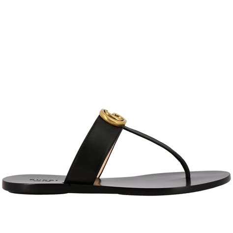 Gucci Marmont Thong Sandal In Leather With Gg Monogram Black Gucci