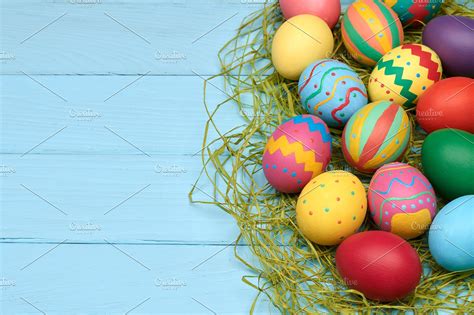 Easter Eggs Hand Painted Colorful Wood Background High Quality