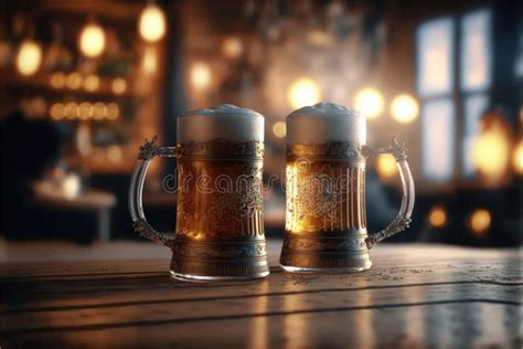 Cheers To Cold Beers Two Frosty Mugs On The Bar Generative Ai Stock